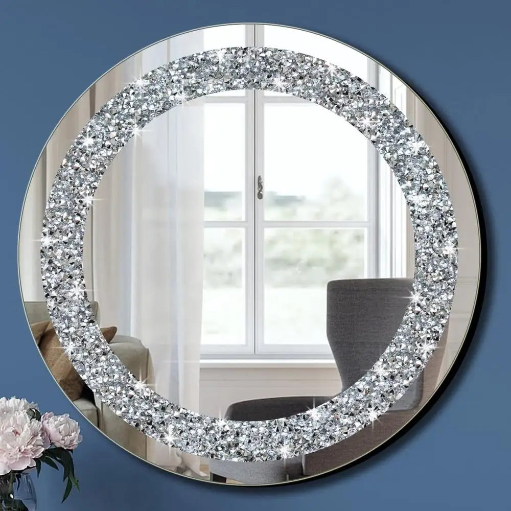 Crystal Crush Diamond Sparkly Oval Silver Wall Mirror 24x16x1 inch Frameless Bling Chic Home Decor