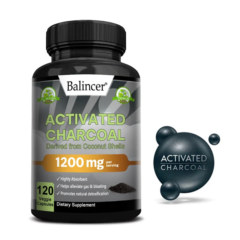 Activated Charcoal Capsules 1,200 Mg -
Organic Coconut Shell, Helps Relieve Gas & Bloating, Detox & Bowel, Digestive Supplement
