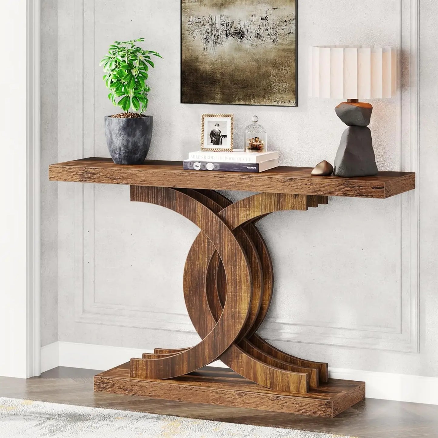 Industrial Entryway Table, 39-Inch Vintage Console Table
Accent Table with Geometric Metal Legs, Wood Sofa Table, Living Room