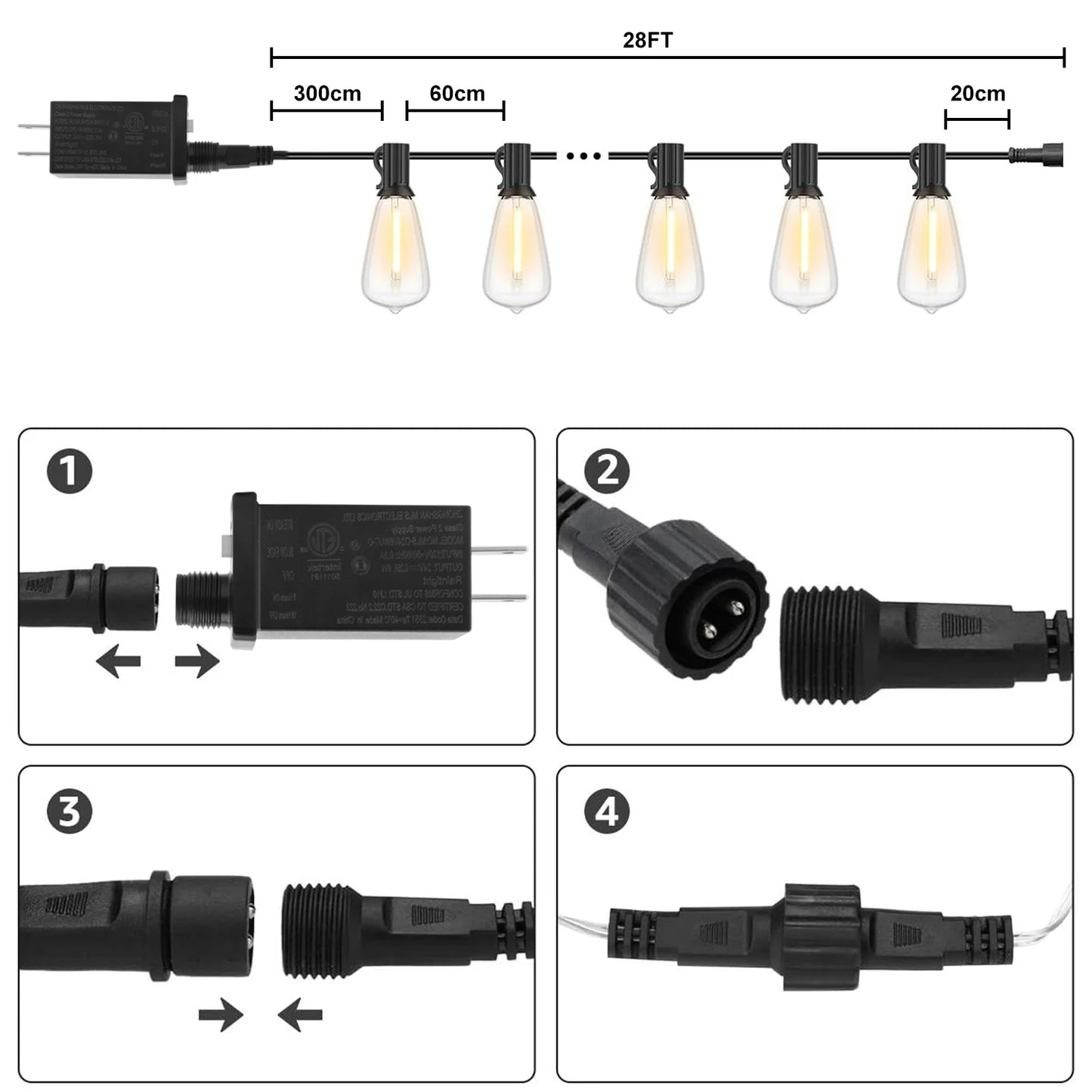 28FT US Plug ST38 String Light Outdoor, 1/2/3/4pcs 10+1 LED