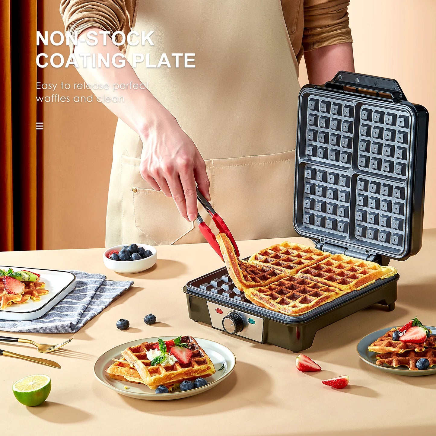 4-Slice Belgian Waffle Maker
3 Browning Levels with Nonstick Square Waffler Iron Plates, 1200 Watts, Compact Design