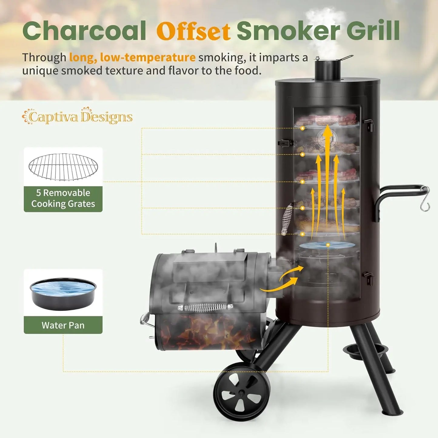 Charcoal Vertical Smoker Grill and Offset Smoker Grill Combo with 5 Removable Grates