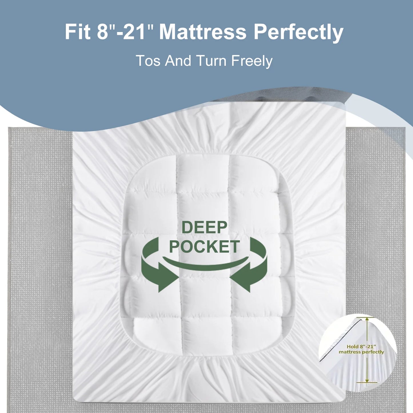 Luxurious Quilted Mattress Topper with Plush Deep Pockets - 8-21 Inch Stretch,
Breathable & Cooling Design, White with Checkered