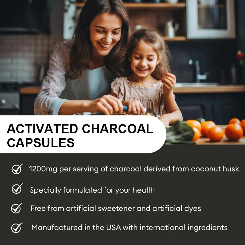 Activated Charcoal Capsules 1,200 Mg -
Organic Coconut Shell, Helps Relieve Gas & Bloating, Detox & Bowel, Digestive Supplement