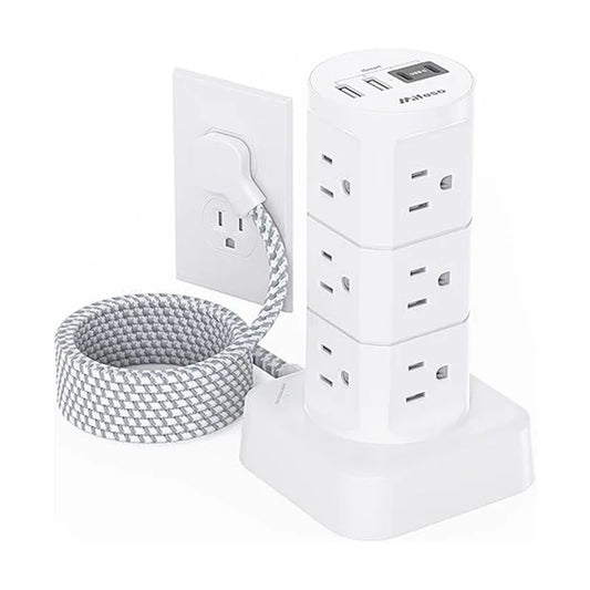 Power Strips with Surge Protection, Flat Plug Power Strip
 with 12 Outlets 4 USB Ports, Surge Protector Tower 1875W/15A 1080J, 6F