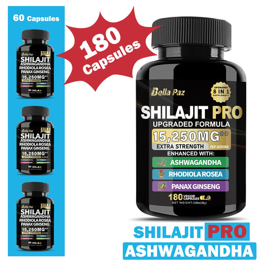 Shilajit Nature's Synergy 8-in-1 Formula: Shilajit, Ashwagandha, Rhodiola & More in One Capsule for Holistic Wellness