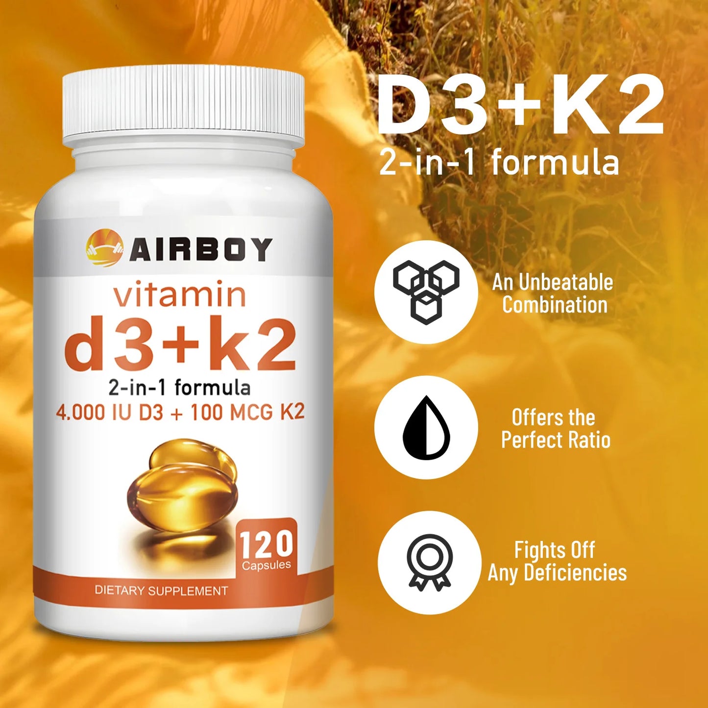Vitamin D3 + K2 - Help Regulate Calcium Metabolism Promote
 Bone Teeth and Skin Health Support Immunity - 120 Capsules