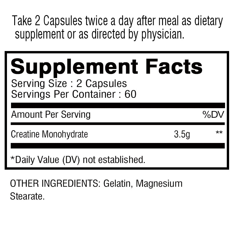 Creatine Monohydrate -
Increase Strength, Build Muscle and Improve Performance, Explosive Power for Men - 120 Capsules