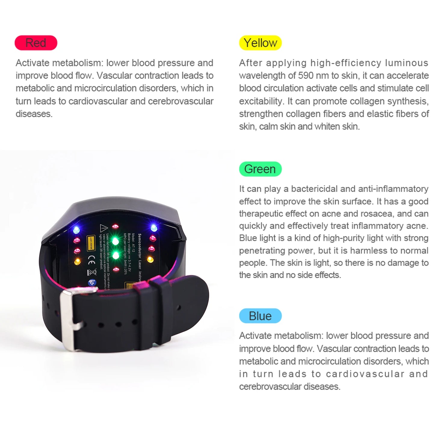 High-tech Laser Therapy W high blood hypertension Laser Machine for Blood Vessel Blockage
4 Colors 12 Diodes Watch, Diabetes, Stimulates Collagen Growth