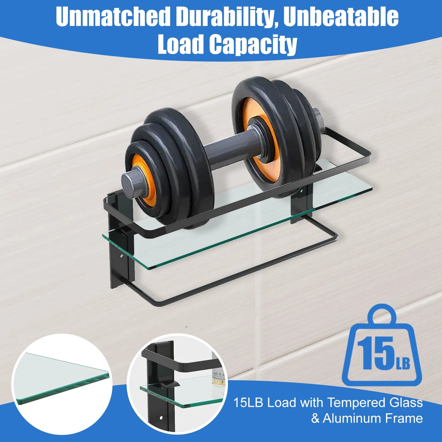 Glass Bathroom Shelf with Towel Bar 15.7in 
Bathroom Wall Shelves Rustproof Metal Bathroom Wall Organizer