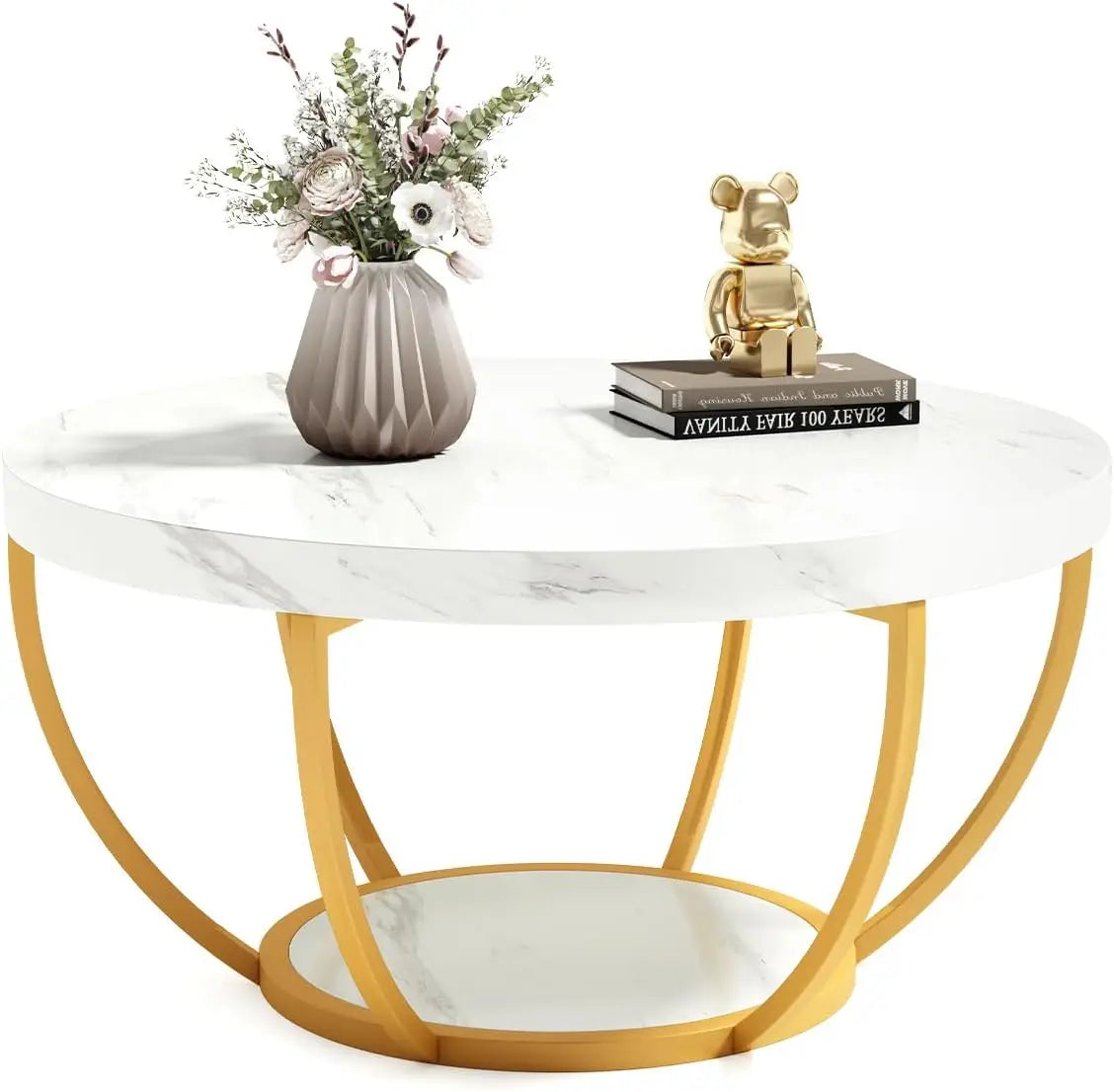32" Circle Marble Coffee Table, 2-Tier Metal Legs Accent Center Table with Open Storage