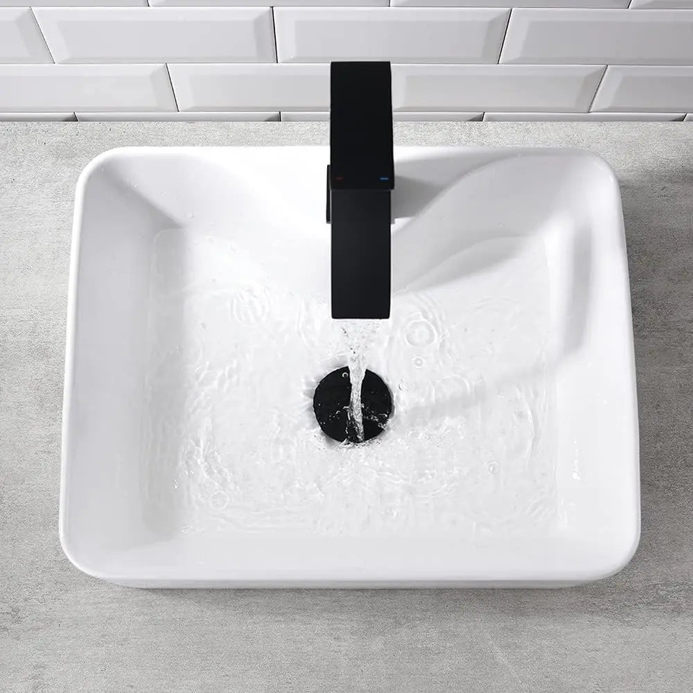 White Rectangle Ceramic Bathroom Vessel Sink -16x12 Inch Ceramic Art Basin Bathroom Sink And Black Waterfall Spout Faucet Combo
