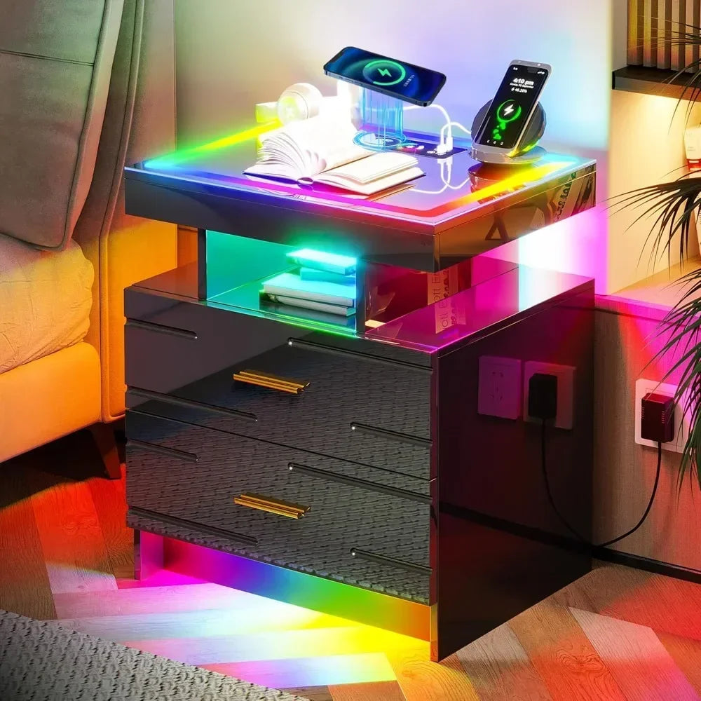 Nightstand with Wireless Charging Station, 
LED Lights with 2 Drawers, Glossy Bedside Table Glass Top