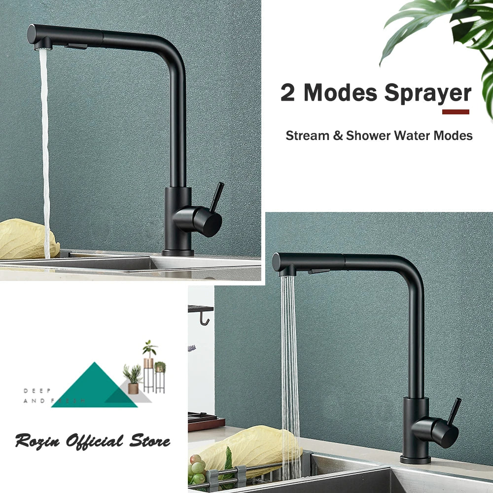 Black Flexible Pull Out Kitchen Faucet Stainless Steel
 2 Modes Nozzle Faucets 360 Degree Rotating Hot Cold Water Sink Mixer Tap