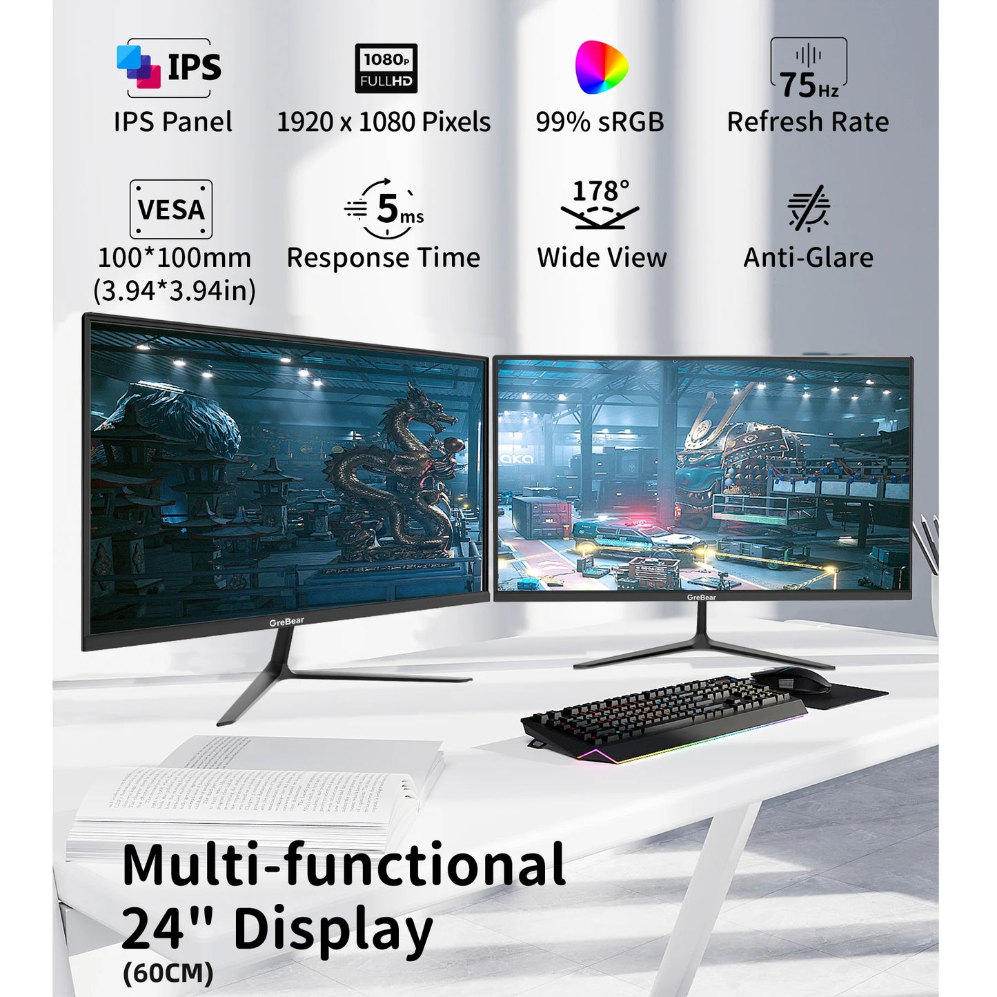 IPS Computer Monitor 24 Inch, FHD 1080p PC Monitor ,Ultra Slim, LED Low Blue Light An