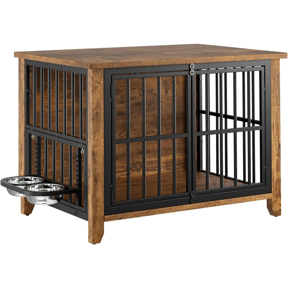 Dog Crate Furniture, Wooden Dog Kennel Indoor with Adjustable 360°
& Height Bowls, Double Doors Furniture Dog Crates End Table