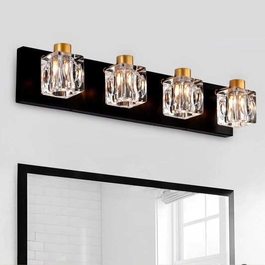 4-Light Matte Black + Gold Bathroom Light Fixtures, Modern Vanity Lights