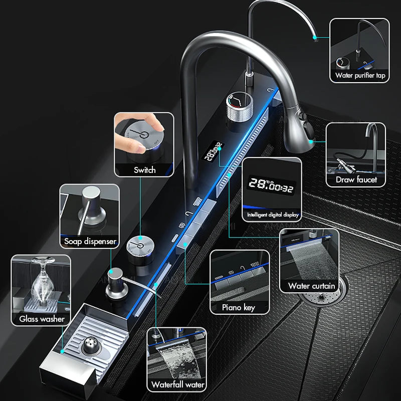 Stainless Steel Waterfall Kitchen Sink Integrated Digital Display Faucet Set Soap Dispenser