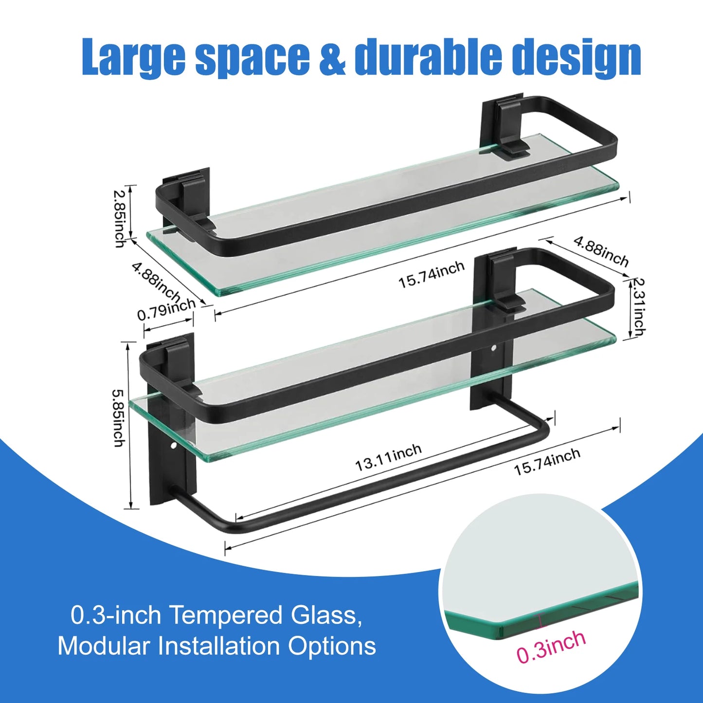 Glass Bathroom Shelf with Towel Bar 15.7in 
Bathroom Wall Shelves Rustproof Metal Bathroom Wall Organizer