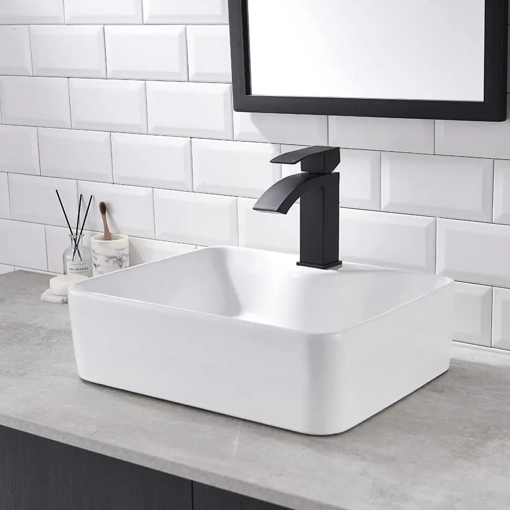 White Rectangle Ceramic Bathroom Vessel Sink -16x12 Inch Ceramic Art Basin Bathroom Sink And Black Waterfall Spout Faucet Combo