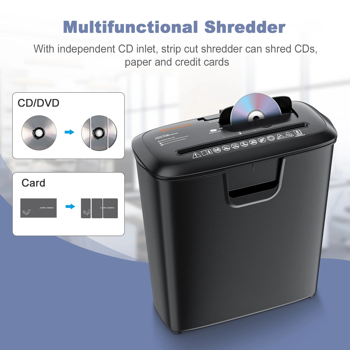 Manual Reversal 8-Sheet Strip Cut Shredder for Home Use, 
CD/Credit Card Shredder Machine with 3.4 Gallons