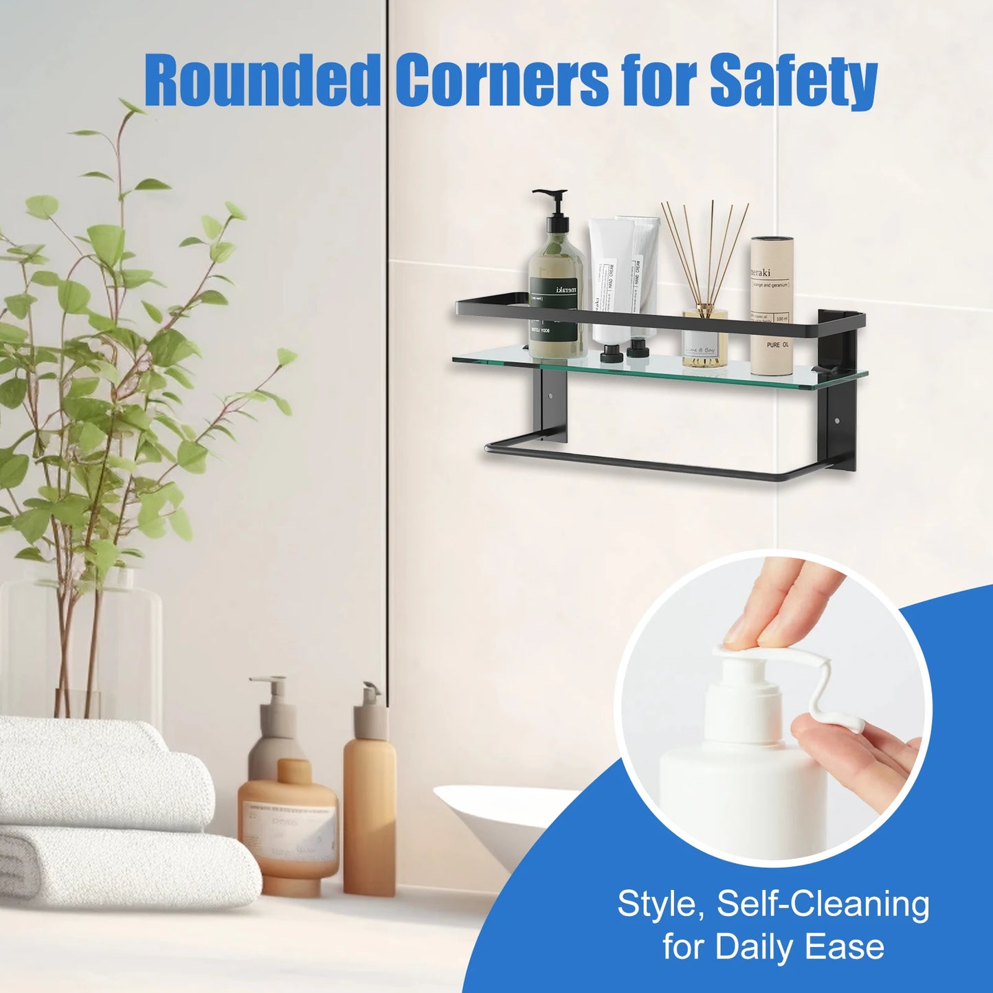 Glass Bathroom Shelf with Towel Bar 15.7in 
Bathroom Wall Shelves Rustproof Metal Bathroom Wall Organizer