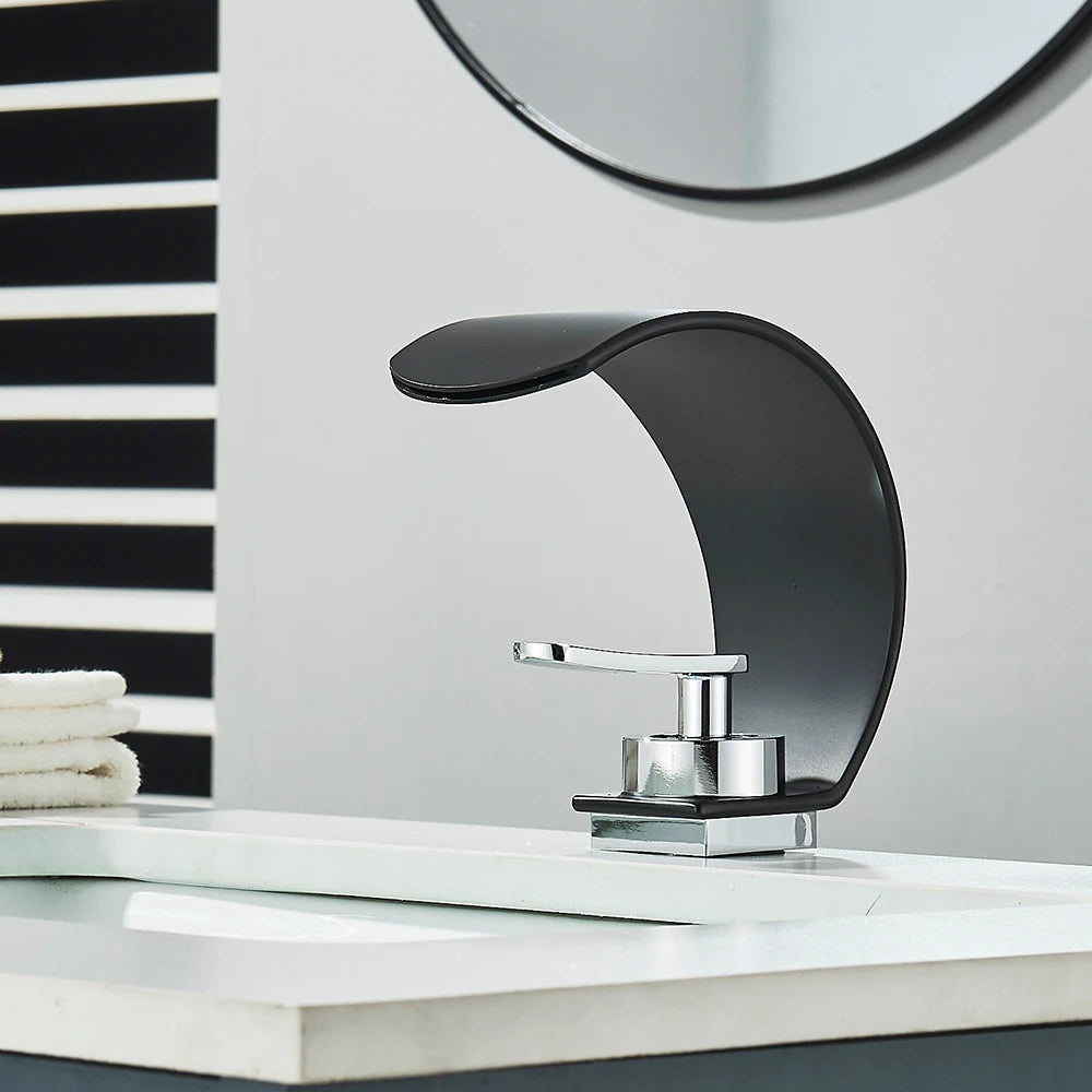 Curve Single Handle Black Bathroom Sink Faucet Hot Cold Mixer Water Tap Waterfall Vanity Vessel Sink Faucet