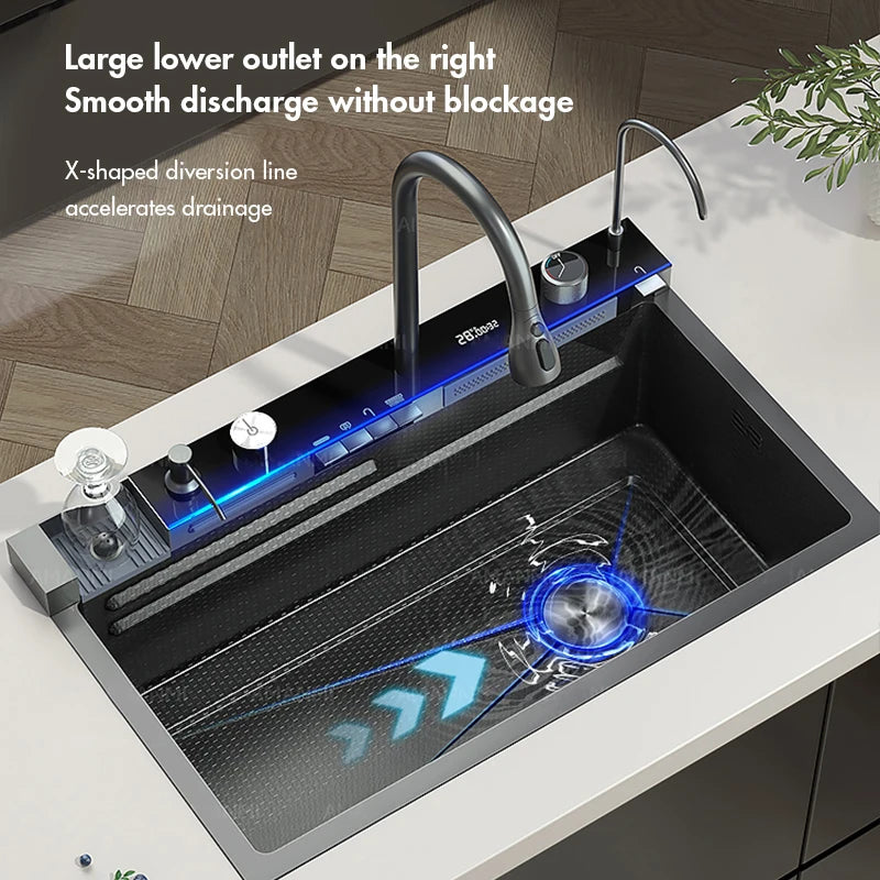 Stainless Steel Waterfall Kitchen Sink Integrated Digital Display Faucet Set Soap Dispenser