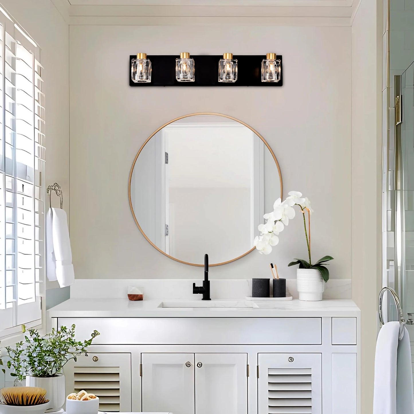 4-Light Matte Black + Gold Bathroom Light Fixtures, Modern Vanity Lights