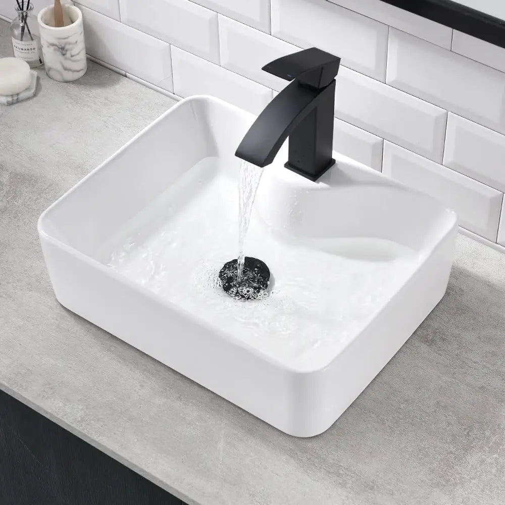 White Rectangle Ceramic Bathroom Vessel Sink -16x12 Inch Ceramic Art Basin Bathroom Sink And Black Waterfall Spout Faucet Combo