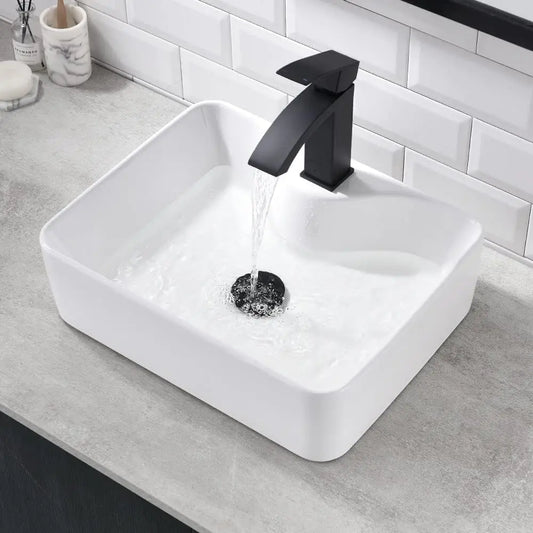 White Rectangle Ceramic Bathroom Vessel Sink -16x12 Inch Ceramic Art Basin Bathroom Sink And Black Waterfall Spout Faucet Combo