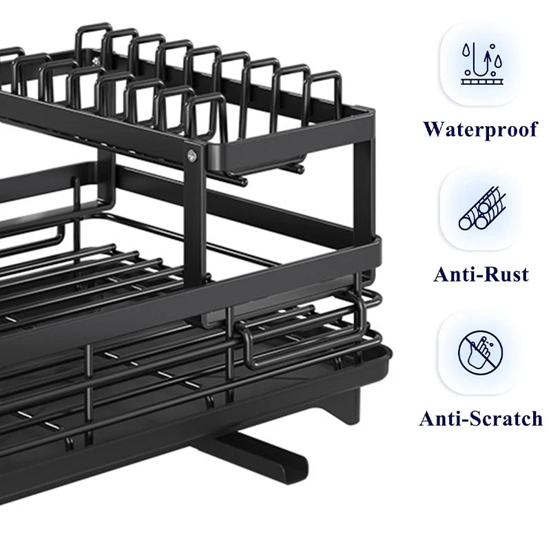 Dish Drying Rack for Kitchen Counter 
Large Dish Rack with Drainboard, Adjustable Swivel Spout Rustproof Dish Drainer, Black