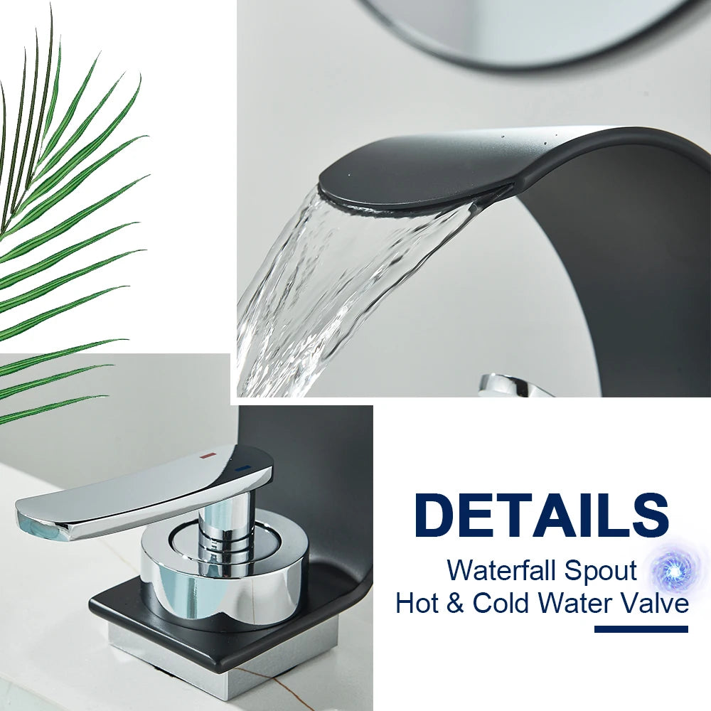 Curve Single Handle Black Bathroom Sink Faucet Hot Cold Mixer Water Tap Waterfall Vanity Vessel Sink Faucet