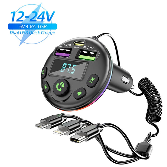 Car Bluetooth 5.0 FM Transmitter MP3 Modulator Player 
Handsfree Audio Receiver With 3 in 1 Charge Cable for IPhone Huawei Xiaomi