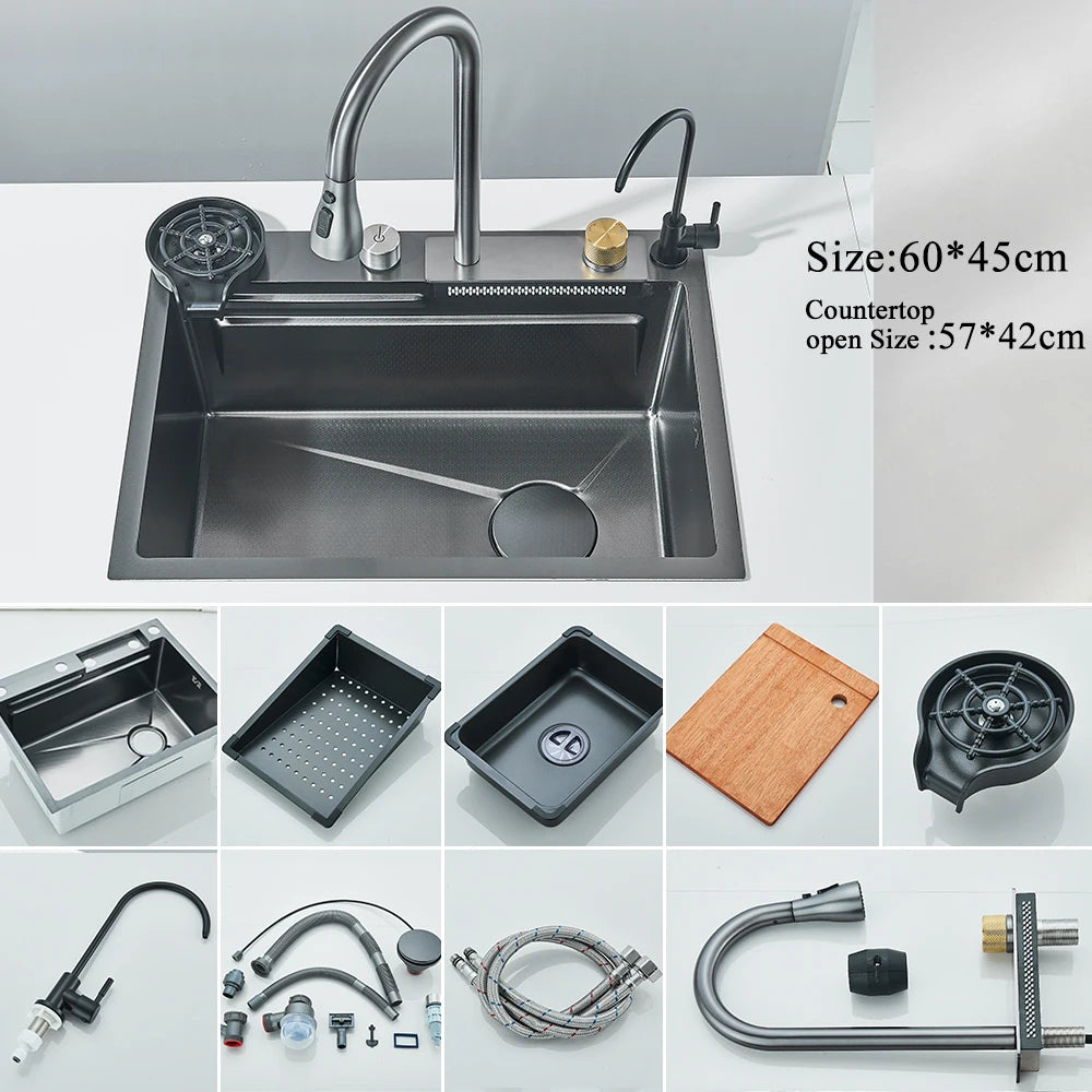 Stainless Steel Waterfall Kitchen Sink Integrated Digital Display Faucet Set Soap Dispenser