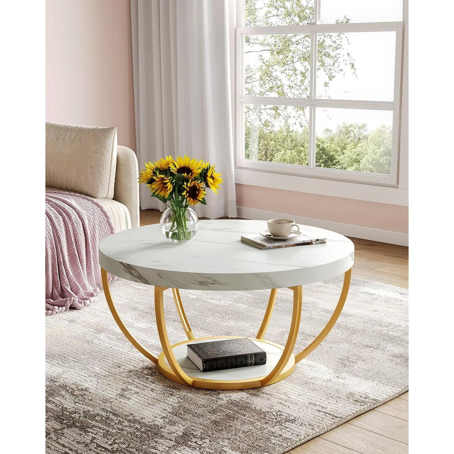32" Circle Marble Coffee Table, 2-Tier Metal Legs Accent Center Table with Open Storage