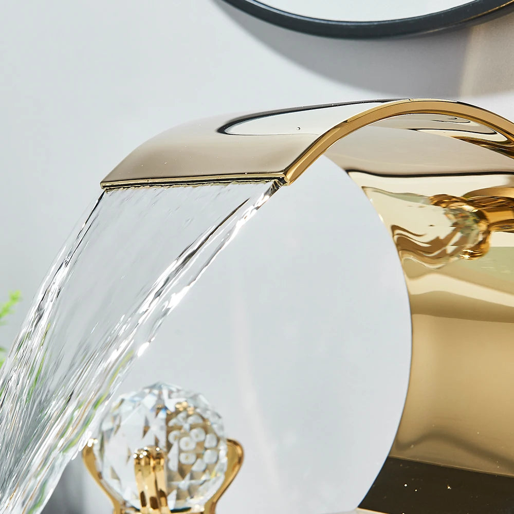 Gold Waterfall Bathroom Faucet Crane Crystal Handle