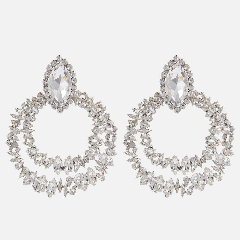 Geometric Clip on Earrings Elegant Large Rhinestones Hoop Earrings