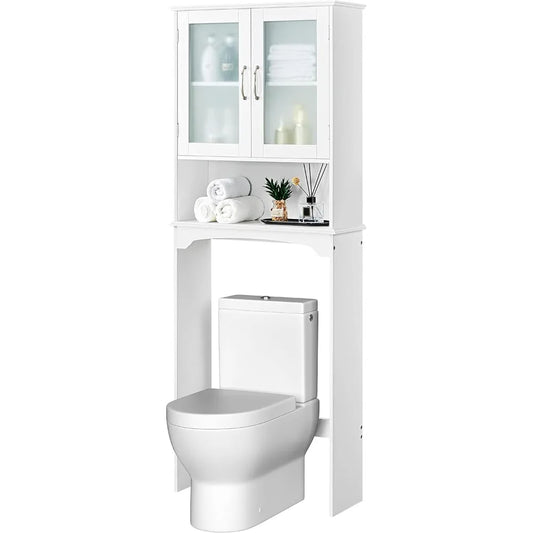 Over The Toilet Storage Cabinet with Double Tempered Glass Doors and Adjustable Shelf,