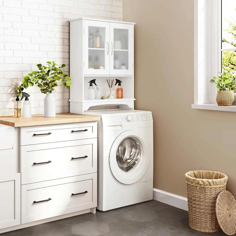 Over The Toilet Storage Cabinet with Double Tempered Glass Doors and Adjustable Shelf,
