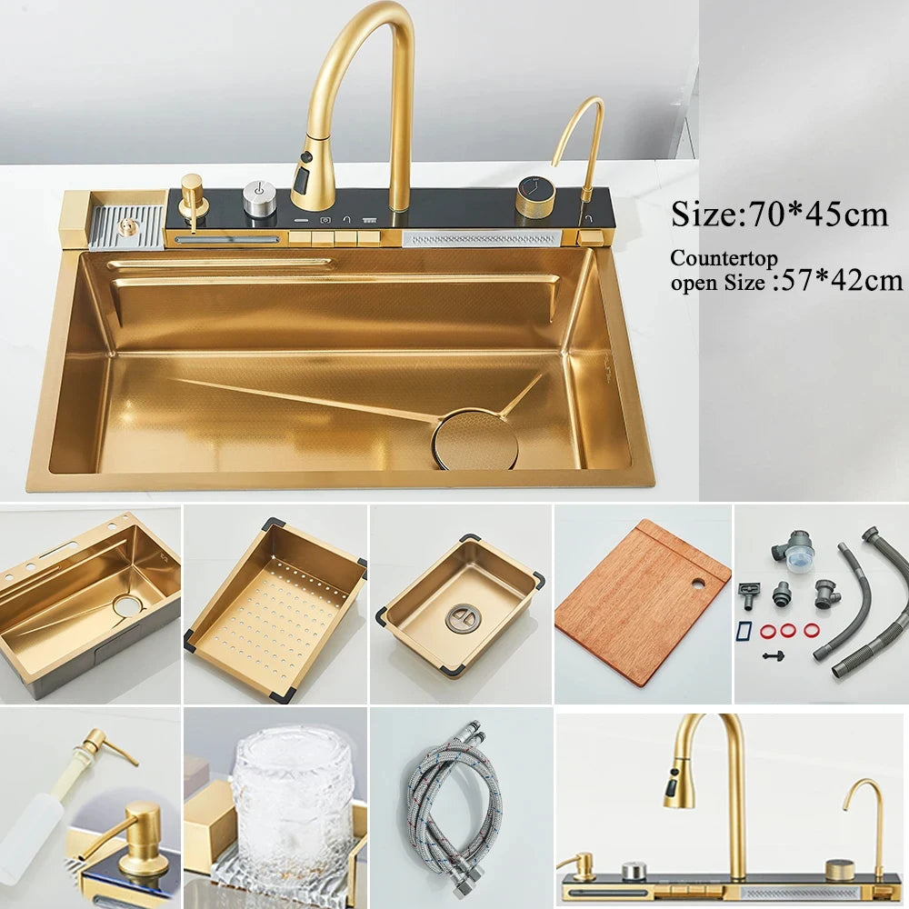 Stainless Steel Waterfall Kitchen Sink Integrated Digital Display Faucet Set Soap Dispenser