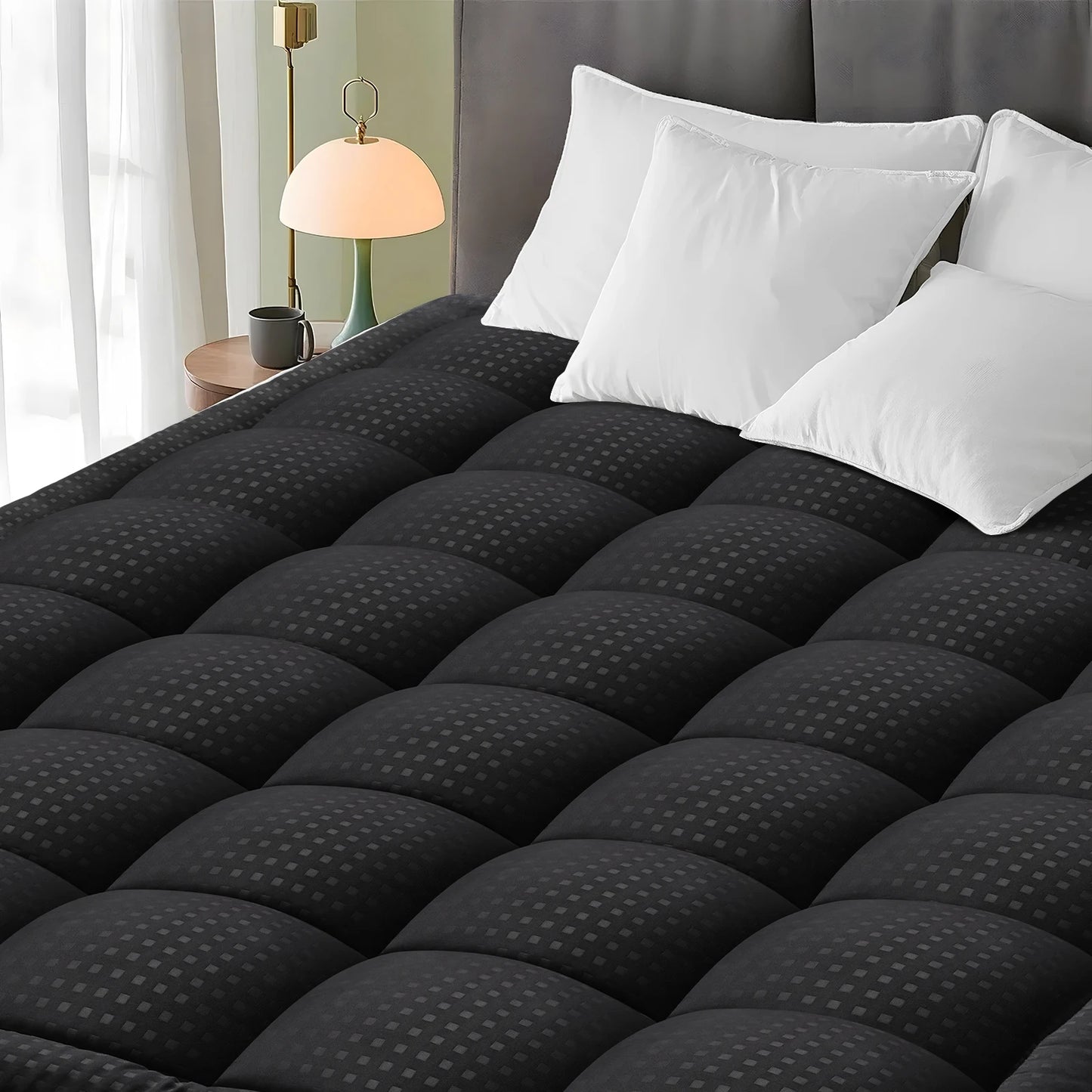 Luxurious Quilted Mattress Topper with Plush Deep Pockets - 8-21 Inch Stretch,
 Breathable & Cooling Design, White with Checkered