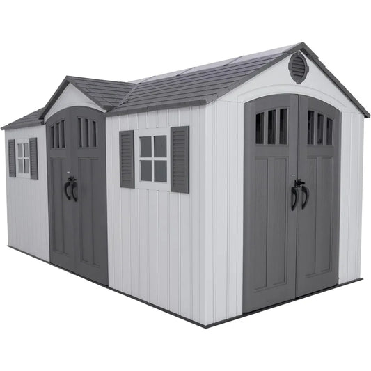 Dual Entry Outdoor Storage Shed, 15 x 8 Foot Sheds & Storage  
for Garden Backyard, Patio, Lawn, Brown Gray Dual Entry