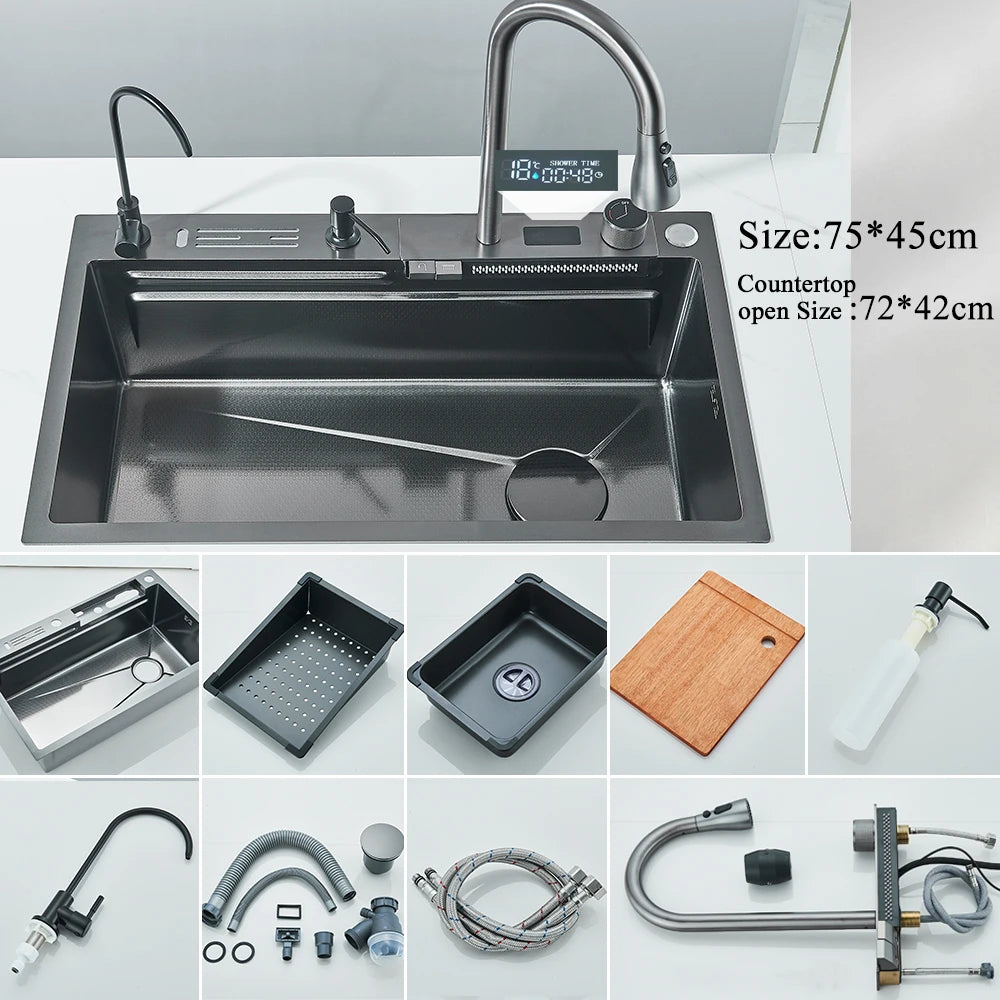 Stainless Steel Waterfall Kitchen Sink Integrated Digital Display Faucet Set Soap Dispenser