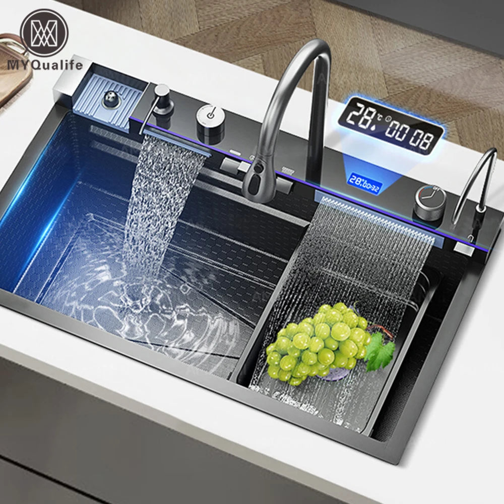Stainless Steel Waterfall Kitchen Sink Integrated Digital Display Faucet Set Soap Dispenser