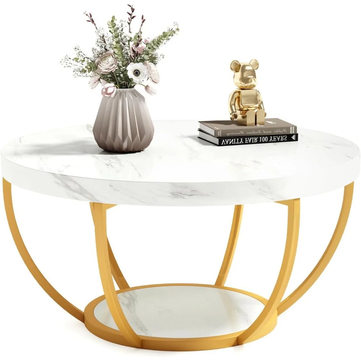 32" Circle Marble Coffee Table, 2-Tier Metal Legs Accent Center Table with Open Storage