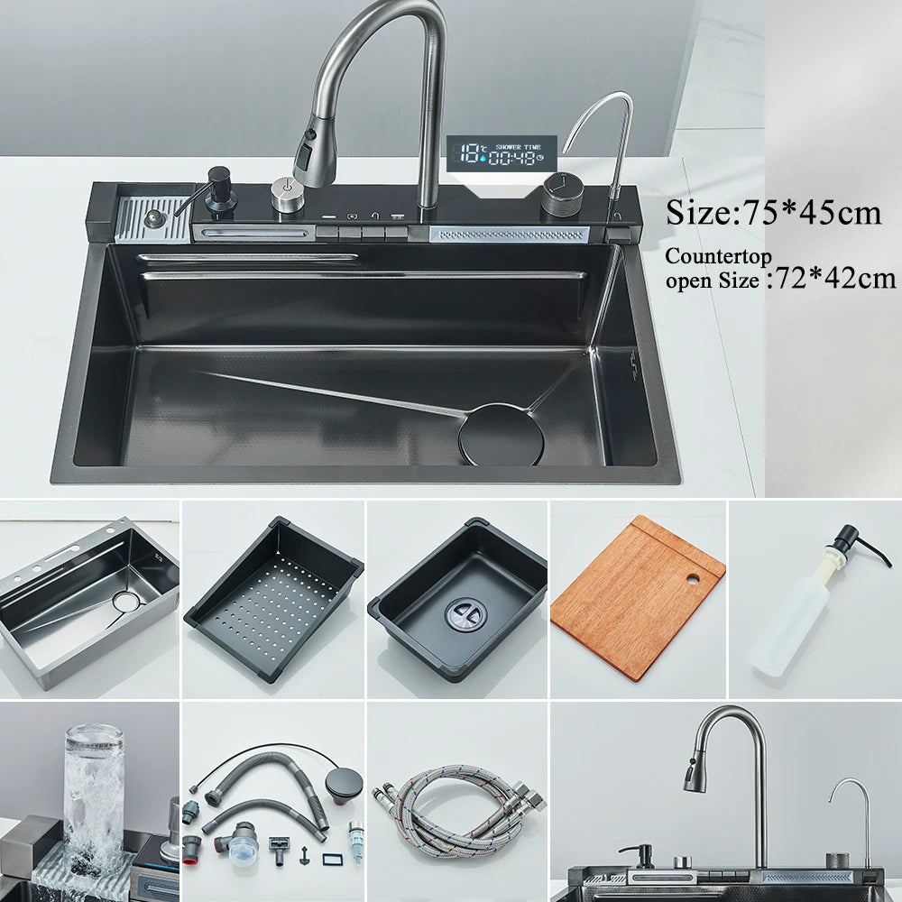 Stainless Steel Waterfall Kitchen Sink Integrated Digital Display Faucet Set Soap Dispenser