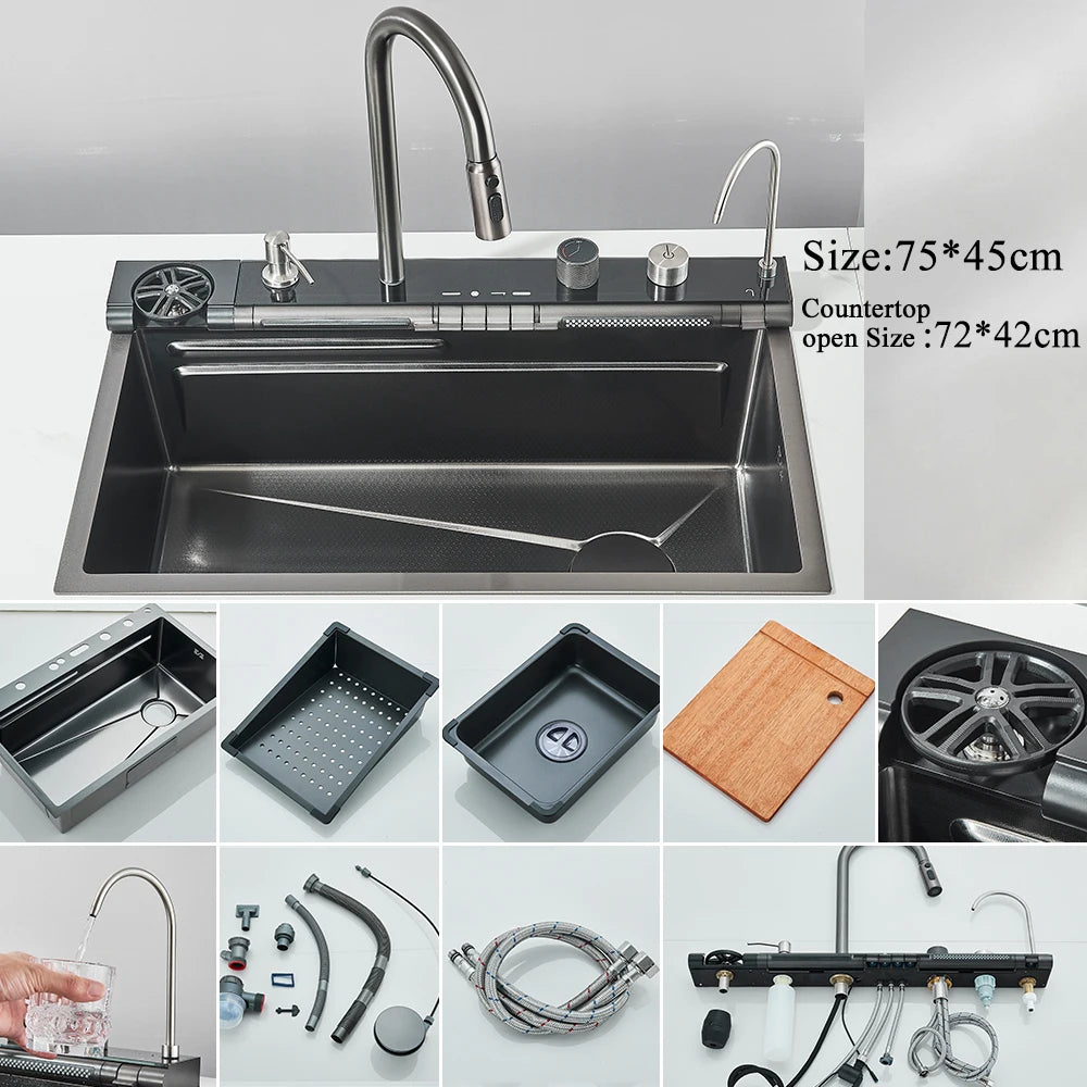 Stainless Steel Waterfall Kitchen Sink Integrated Digital Display Faucet Set Soap Dispenser