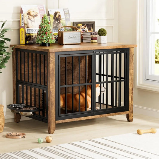 Dog Crate Furniture, Wooden Dog Kennel Indoor with Adjustable 360°
& Height Bowls, Double Doors Furniture Dog Crates End Table