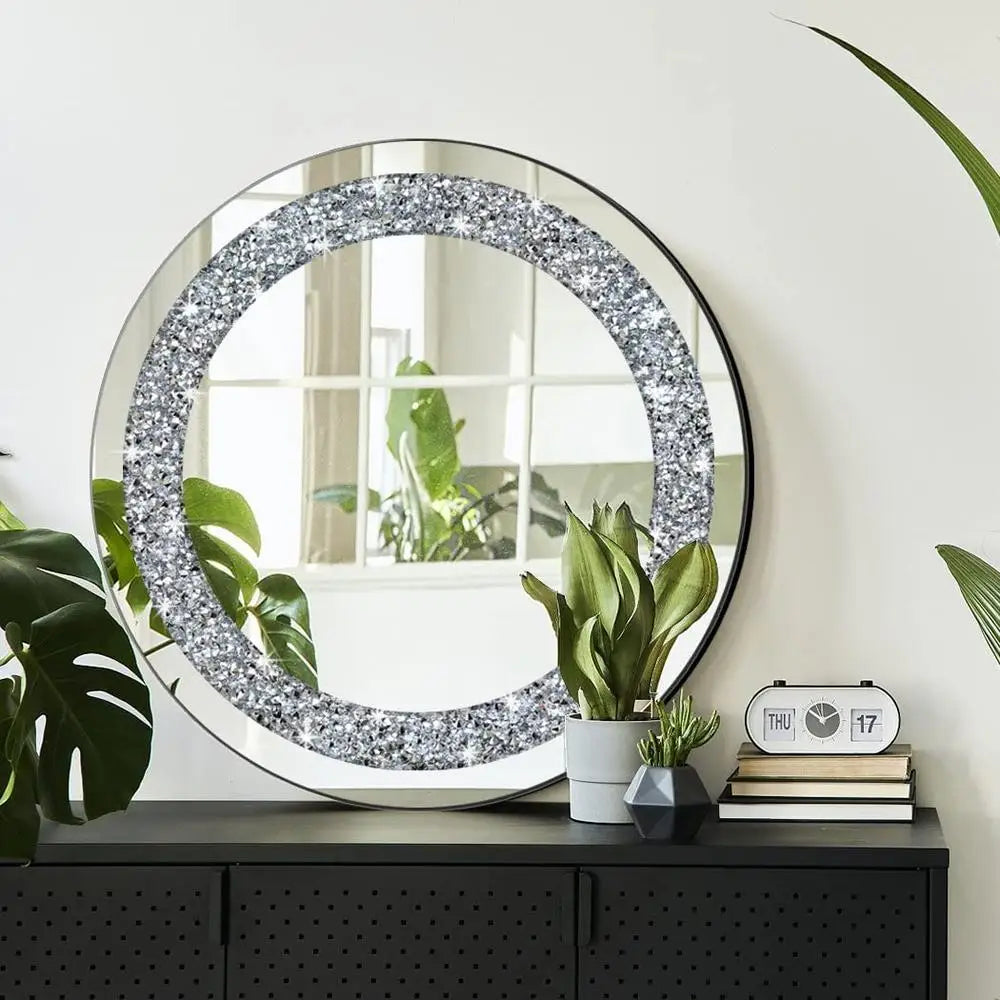Crystal Crush Diamond Sparkly Oval Silver Wall Mirror 24x16x1 inch Frameless Bling Chic Home Decor